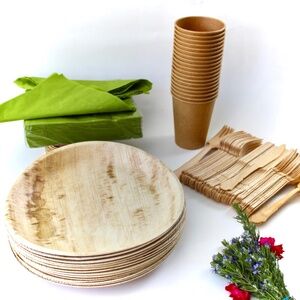 palm  leaf Plate 10  pic Round  10" -  10 Pic Cup -20 Pic napkin - 30 Cutlery